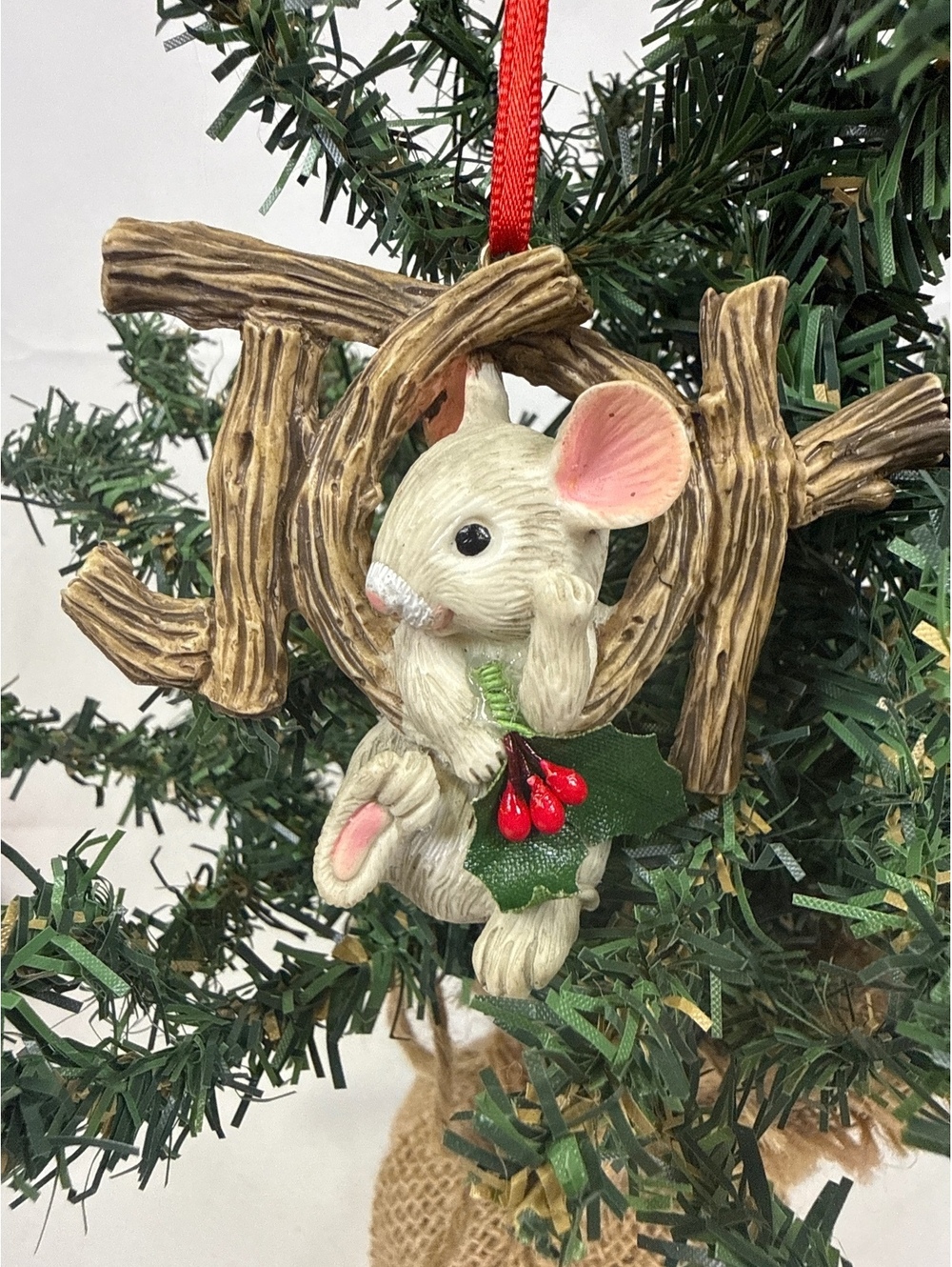 JOY Mouse Christmas Ornament with Holly Berries and Red Ribbon